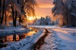  a river running through a snow covered forest next to a forest filled with lots of trees and a forest covered in snow with the sun setting in the distance behind the trees.
