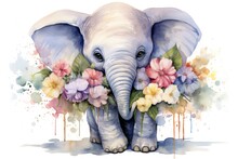  A Watercolor Painting Of An Elephant With Flowers In It's Trunk And A Splash Of Paint On The Back Of The Elephant's Head And The Elephant's Trunk.