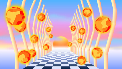 Poster - Vaporwave corridor of pillars with flying 3D donut shapes and sun in 90s style. Abstract surreal retro background for party poster or music cover.