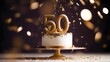 White and golden cake with number 50 on a table decorated for a party celebration