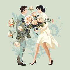 Wall Mural -   man offering a woman a bouquet of flowers in valentine day,Valentines Day, Propose day,  Valentines Day date. 
