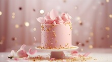 Festive Pastel Pink Cake With Rose Flower Petals On A Table Decorated For A Party Celebration