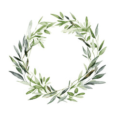  Green olive tree branch wreath with leaves watercolor paint