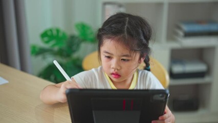 Wall Mural - Asian child girl looking using and touch tablet display screen. Baby smiling funny time to use tablet. Too much screen time. Cute girl watching videos while tv, Internet addiction concept.