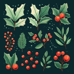 Sticker - Cute and festive Christmas holly vector bundle