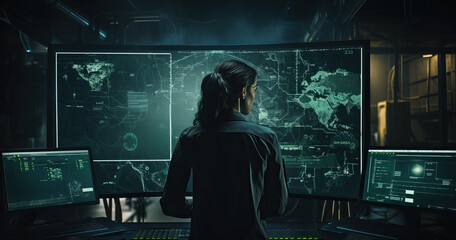 Poster - Rear view of woman working at control room