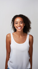 Wall Mural - vertical portrait happy African American beauty girl with white teeth, female toothy veneer smile, tooth whitening, dental care and stomatology, dentistry.