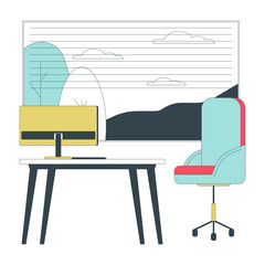 Poster - Workplace comfortable 2D linear cartoon object. Workspace table with office chair wheels near window isolated line vector element white background. Furniture technology color flat spot illustration