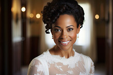 Radiant African American Bride In Elegant Lace Dress With A Joyful Smile Embodying Beauty Love And Celebration
