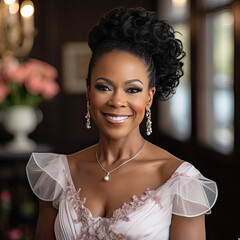 Radiant African American woman in elegant attire with a warm smile embodying celebration and sophistication for a bridal or gala event