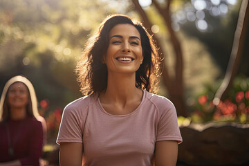 Smiling woman exuding happiness and relaxation in sunny park setting with friend implying lifestyle wellness and social connection themes