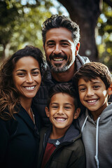 Wall Mural - Cheerful mixed race family enjoying autumn day in park ideal for lifestyle marketing and promoting family-oriented services