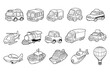 Transportation element hand-drawn vector outline sketch illustration set
