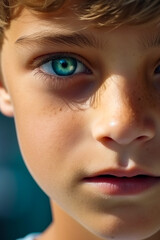 Wall Mural - Close up of young boy with blue eyes and freckled hair.