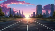 Straight Empty Highway Road With Modern Cityscape. Modern City. Urban City. Animation Cartoon Style Video Art Design