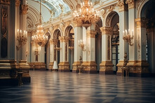 Bolshoi Theater In Moscow, Historic Building Interior. Famous Former Imperial Foyer. Vintage Style Furniture, Lamps And Mirror