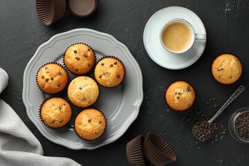 Wall Mural - Delicious freshly baked muffins with chocolate chips and cup of coffee on dark gray table, flat lay