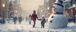 People building a snowman blur background, snow falling, Christmas photography, Generative ai