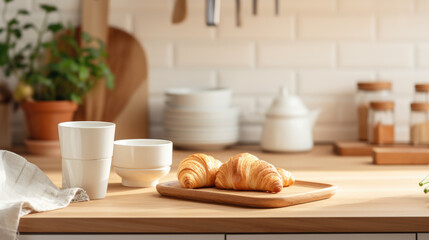 Poster - Freshly baked croissant is presented on a plate next to a white coffee mug and a small bowl of nuts, all arranged on a wooden table with a warm, inviting light.