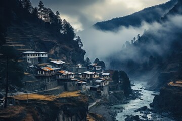 Poster - Landscape of Himalayas mountains with river and village in Nepal, village in the mountains, AI Generated