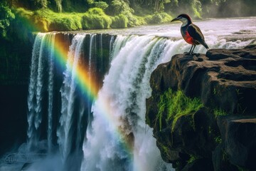 Sticker - Rainbow over Iguazu Falls, Argentina, South America, Waterfall in Kauai With Rainbow and Bird Overhead, AI Generated