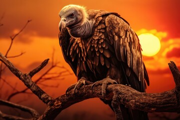 Griffon vulture Gyps fulvus sitting on a branch at sunset, vulture is perched on a branch at sunset, AI Generated