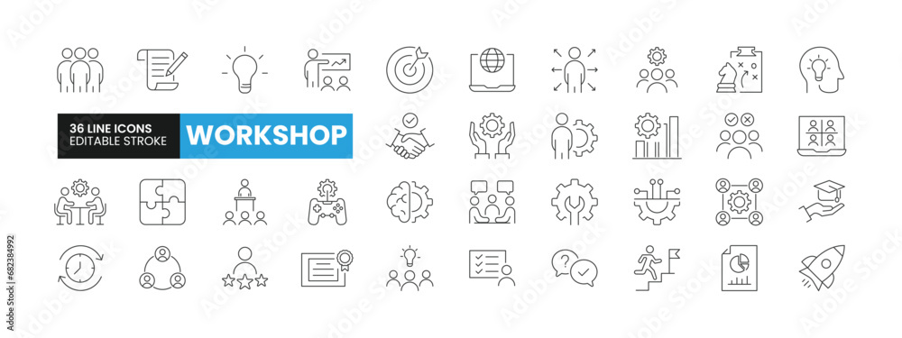 Set of 36 Business Workshop line icons set. Workshop outline icons with ...
