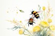 watercolor painting of bees, flowers and leaves, on white background, Watercolor Bumblebees Hand Painted Summer Illustration, AI Generated
