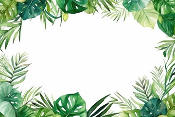 Poster - Watercolor tropical leaves frame on white background. Hand painted illustration, Watercolor hand painted frame with tropical green leaves and branches, AI Generated