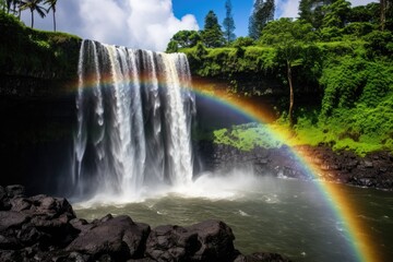 Poster - Rainbow over Skogafoss waterfall in South Iceland, Europe, Waterfall in Kauai With Rainbow and Bird Overhead, AI Generated