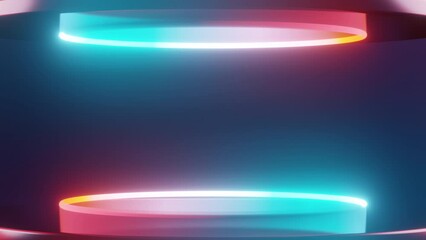 Poster - 4K Animation of Futuristic stage podium. Neon circles with light  product background stage or podium pedestal. Empty space, ultraviolet light, 80's retro style, fashion show stage, 3d animation