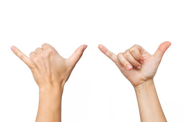 Wall Mural - Female hand showing two fingers signifying the shaka gesture isolated on a white background. Hawaiian greeting hand sign for surfers. Front and rear view