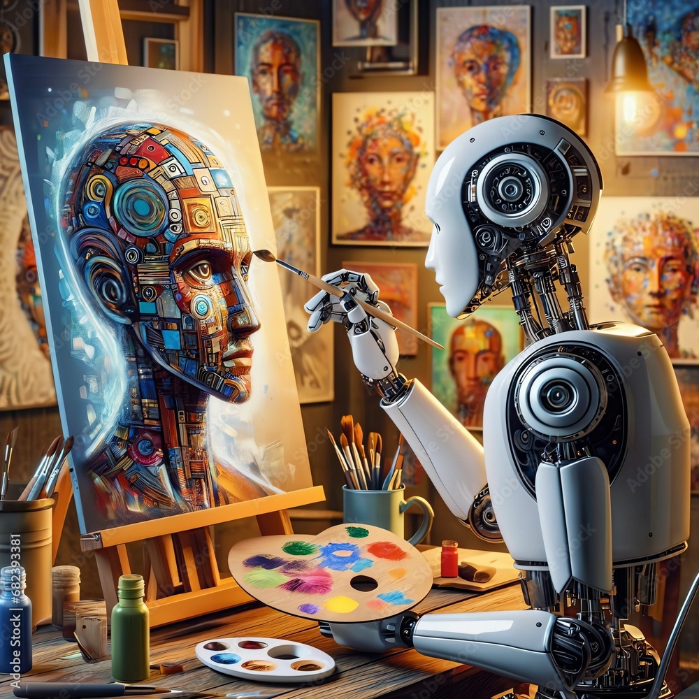 Humanoid robot artist is painting a self portrait in an art studio. AI art generator technology. Computer generated art. AI-powered artistry. Android robot crafting a masterpiece. Generative AI
