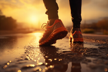 Wall Mural - A close up of athlete's shoes who is ready to start running at the sunrise/sunset