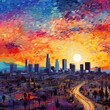 colorful, vibrant artwork of a city skyline at sunset