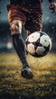 Football World Championship: Soccer Player Runs to Kick the Ball. Ball on the Grass Field of Arena, Full Stadium of Crowd Cheers. International Tournament. Cinematic Shot Captures Victory