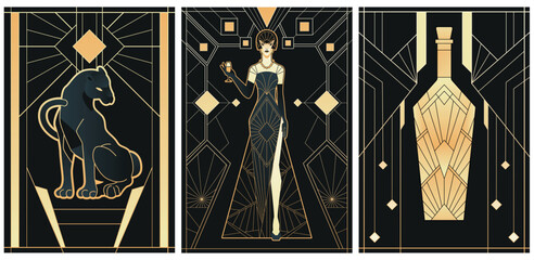 Wall Mural - illustrations of art deco style in black and gold colours	