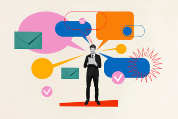 Aufkleber - Creative poster collage of businessman working communication startup read email speech bubble surrealism template metaphor artwork concept