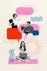Aufkleber - Vertical collage picture of black white colors astonished people use laptop chatting dialogue bubble isolated on drawing background
