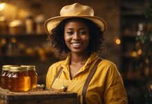 Black Women Wearing Beekeeper Costume And Hat, Bee And Bottle Of Honey On The Background