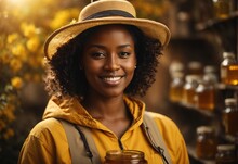Black Women Wearing Beekeeper Costume And Hat, Bee And Bottle Of Honey On The Background