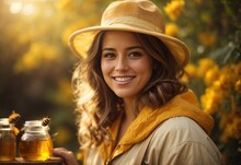 White Women Wearing Beekeeper Costume And Hat, Bee And Bottle Of Honey On The Background
