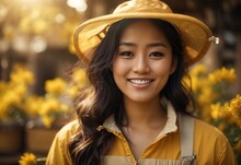 Asian Women Wearing Beekeeper Costume And Hat, Bee And Bottle Of Honey On The Background