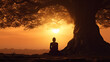 Silhouette of Buddha statue sitting in meditation under the Bodhi tree at sunset.