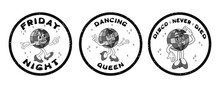 Set Of Grunge Stamps Cartoon Disco Ball Characters. Vintage Hand Drawn Female Old Cartoon Character With Hand Drawn Lettering. Disco Slogans. Print Design With Scratches. Hippie Groovy Compositions