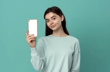 Poster - female woman holding smartphone. hand computer mobile technology media. generate ai