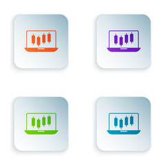 Aufkleber - Color Laptop with stocks market growth graphs and money icon isolated on white background. Monitor with stock charts arrow on screen. Set colorful icons in square buttons. Vector