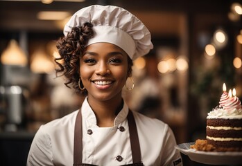 Sticker - Chef black women wearing apron and hat, cake and bread on the background