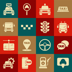 Wall Mural - Set Map pointer with taxi, Taxi call telephone service, Trolleybus, car, roof, Bus, and Traffic light icon. Vector