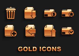 Poster - Set Next page arrow, Document folder with star, and check mark, Upload file document, Add new, Finance, Trash can and download icon. Vector